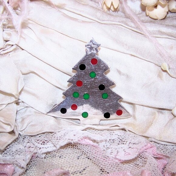 Vintage Sterling Silver Enamel Christmas Tree Pin Brooch - Picture 2 of 6